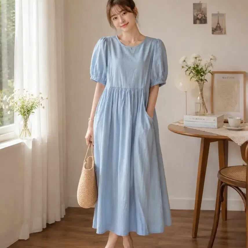[BUNJANG] Light Blue Puff Sleeve Long Dress / 하늘색 퍼프 소매 롱 원피스