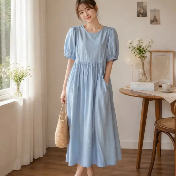 [BUNJANG] Light Blue Puff Sleeve Long Dress / 하늘색 퍼프 소매 롱 원피스