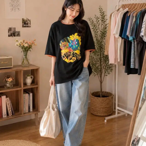 [BUNJANG] Graphic Print Oversized Short Sleeve T-Shirt / 그래픽 프린팅 반팔 티셔츠