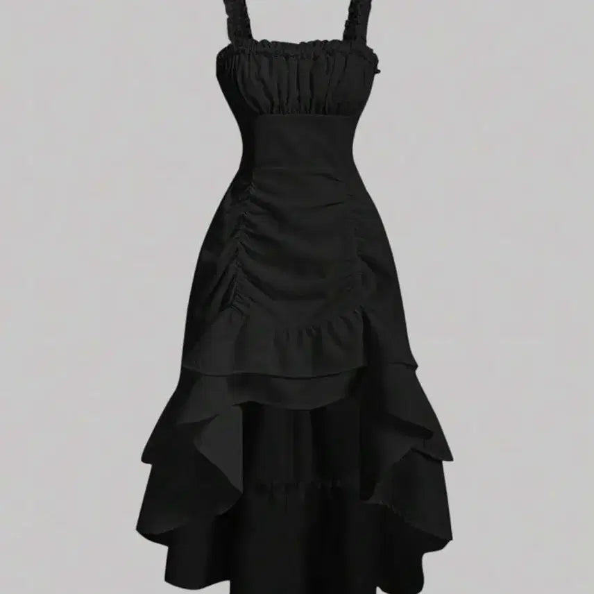 [BUNJANG] SHEIN Black Frill Shirring Long Dress / 쉬인 블랙 프릴 셔링 롱 원피스 블랙 M