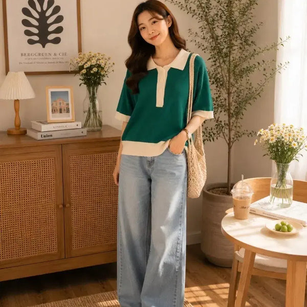 [BUNJANG] Collared Short-Sleeve Knit - Green Beige / 카라 반팔 니트 그린 베이지