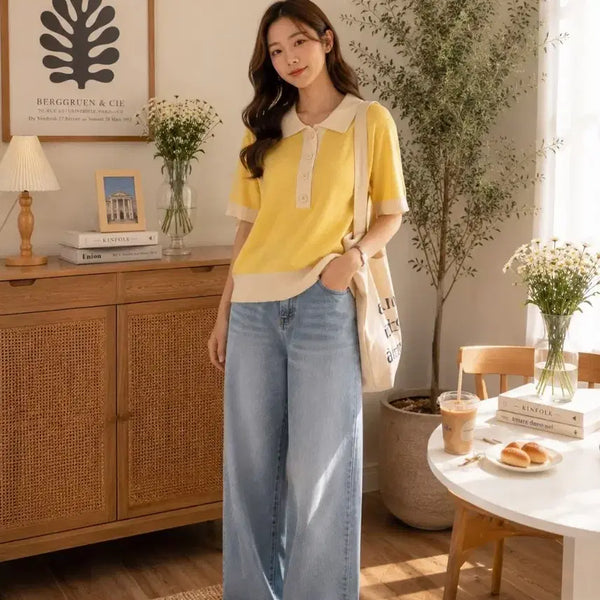 [BUNJANG] Yellow Colorblock Short Sleeve Knit Polo / 옐로우 배색 카라 반팔 니트