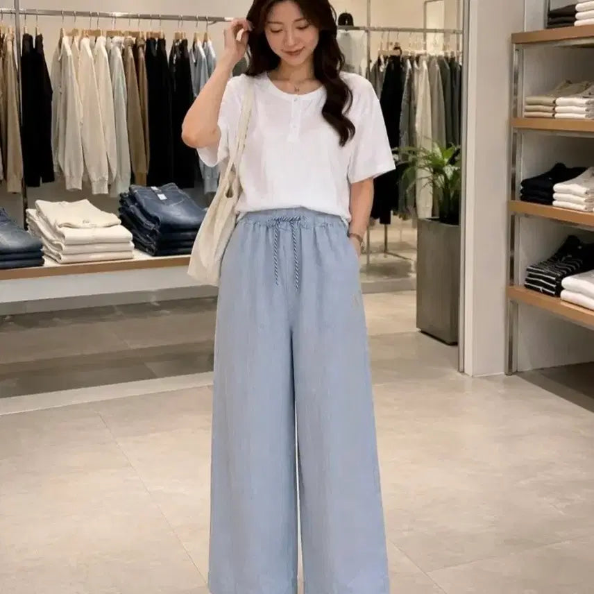 [BUNJANG] Women's Summer Wide Leg Pants - Sky Blue / 여성 여름 와이드 팬츠 하늘색