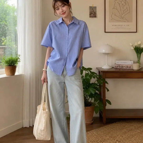 [BUNJANG] Women's Blue and White Striped Short-Sleeve Shirt / 스트라이프 셔츠