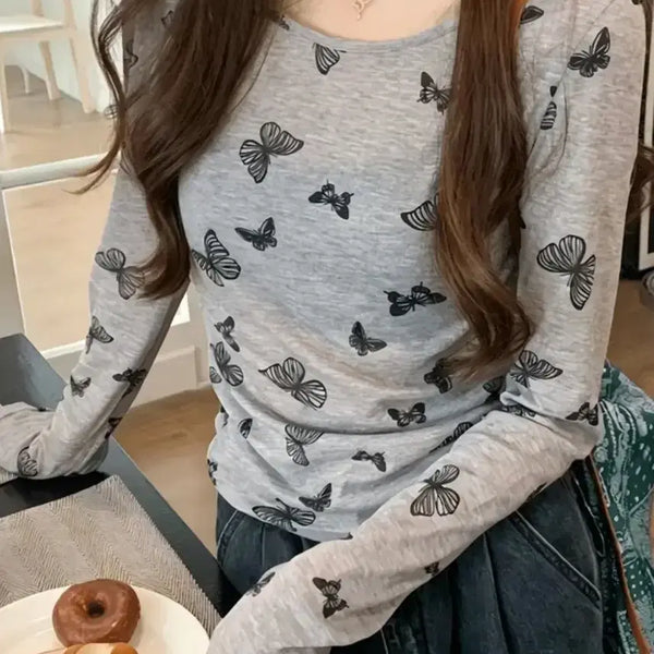 [BUNJANG] Butterfly Print Long Sleeve T-Shirt - Grey / 나비 프린트 긴팔 티셔츠 그레이