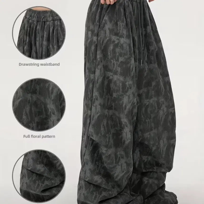 [BUNJANG] Patterned Wide-Leg Pants with Belt / 와이드 팬츠 패턴 허리끈 바지