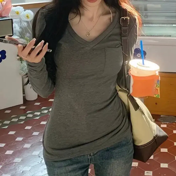 [BUNJANG] V-Neck Long-Sleeve T-Shirt - Grey / 브이넥 긴팔 티셔츠 그레이