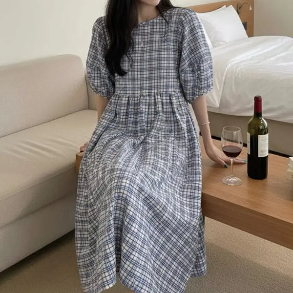 [BUNJANG] Check Pattern Puff Sleeve Long Dress / 체크 패턴 퍼프 소매 원피스