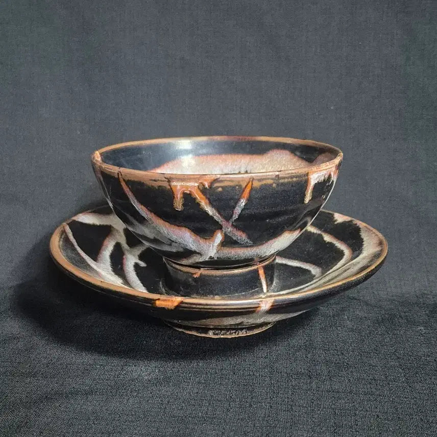 [BUNJANG] Black Glaze Jian Ware Tea Bowl with Stand / 흑유 건요 천목 다완 잔 잔대 차잔