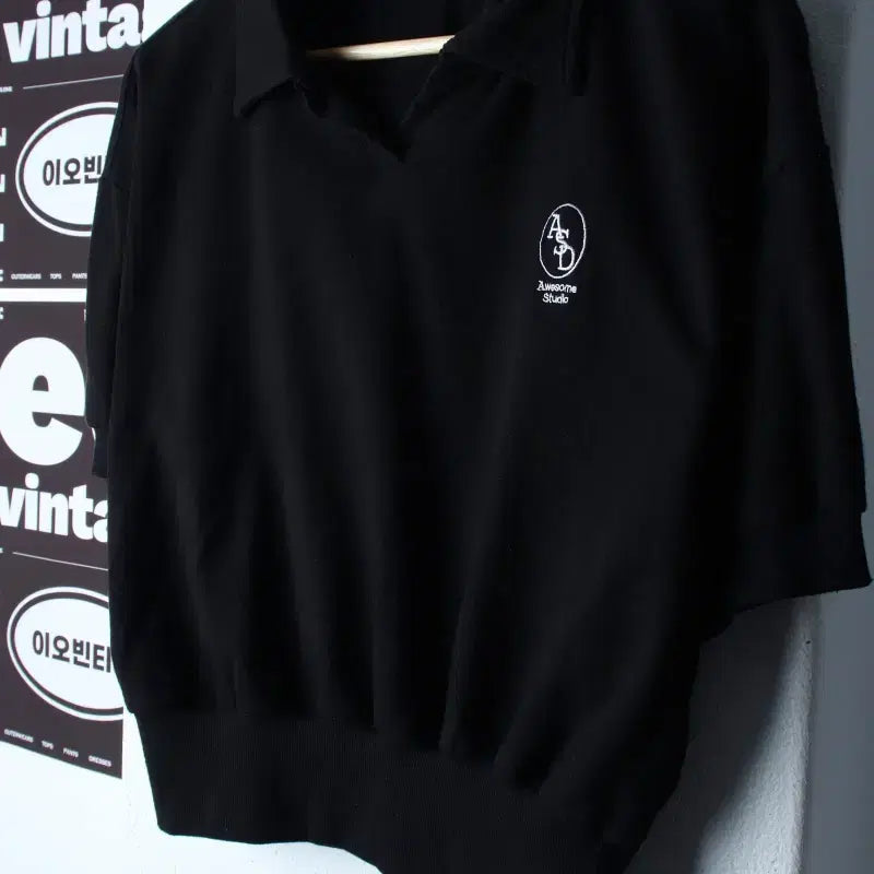 [BUNJANG] Awesome Studio V-Neck Cropped Black T-Shirt / W(F) 어썸 스튜디오 반팔 카라 티셔츠 브이넥 크롭 블랙-H34666
