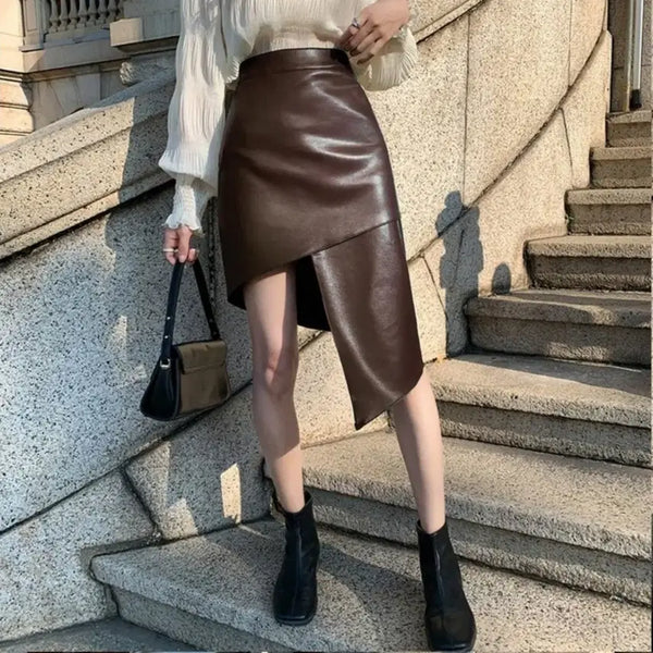 [BUNJANG] Dark Brown Leather Asymmetrical Skirt (M) / 레더 언발란스 스커트(M)