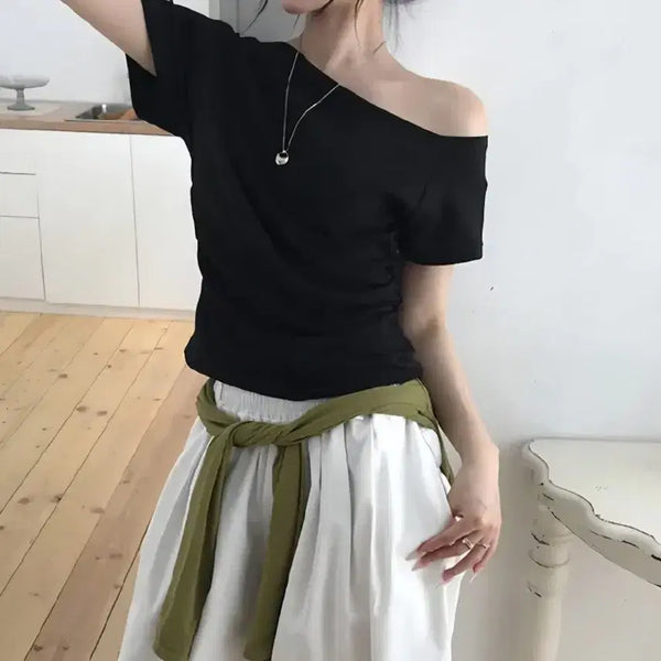 [BUNJANG] One-Off Shoulder Short Sleeve T-Shirt / 원오프숄더 반팔 티셔츠/오프숄더/원오프/원오프숄더
