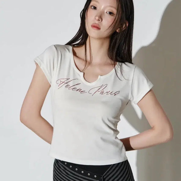 [BUNJANG] Helene Paris Sparkle Point Cubic Vent Neck Half Sleeve T-Shirt / 헬레네파리스 스파크 포인트 큐빅 벤트넥 하프 티셔츠 반팔