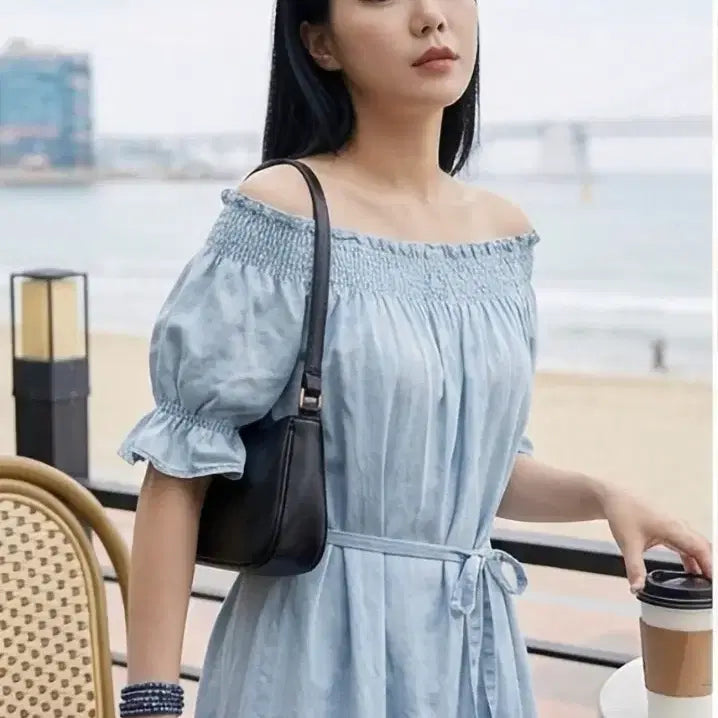 [BUNJANG] 3-Way Convertible Light Wash Denim Mini Dress / 3way 연청 면원피스 오프숄더가능 프리사이즈