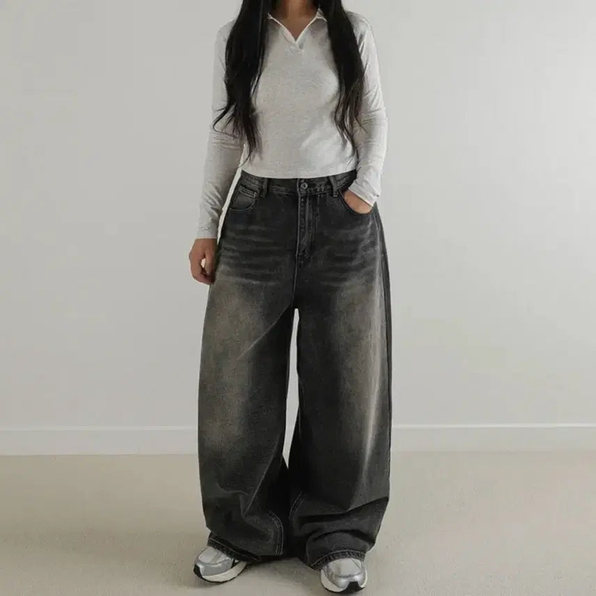 [BUNJANG] Black Blue Washed Wide Denim Pants / 흑청 워싱 와이드 데님 팬츠 청바지