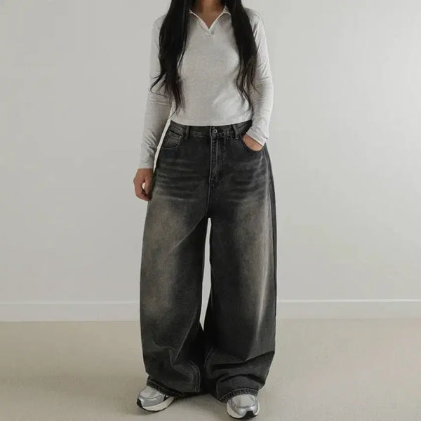 [BUNJANG] Black Blue Washed Wide Denim Pants / 흑청 워싱 와이드 데님 팬츠 청바지
