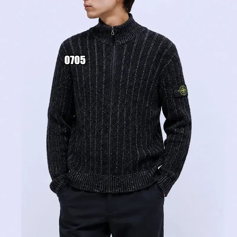 [BUNJANG] Stone Island Patch Black Ribbed Knit Zip-Up Cardigan / XL 스톤 아일랜드 와펜 블랙 골지 니트 집업