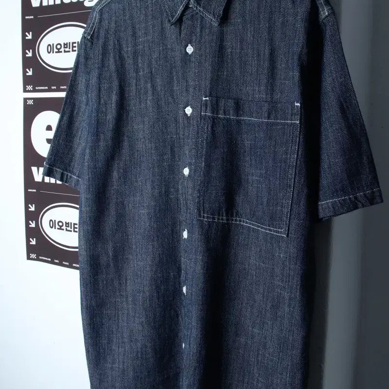 [BUNJANG] Topi Short Sleeve Collar T-Shirt Shirt Denim Blue Stitch H3483 / (M-XL) 토피 반팔 카라 티셔츠 셔츠 남방 데님 청 스티치-H3483