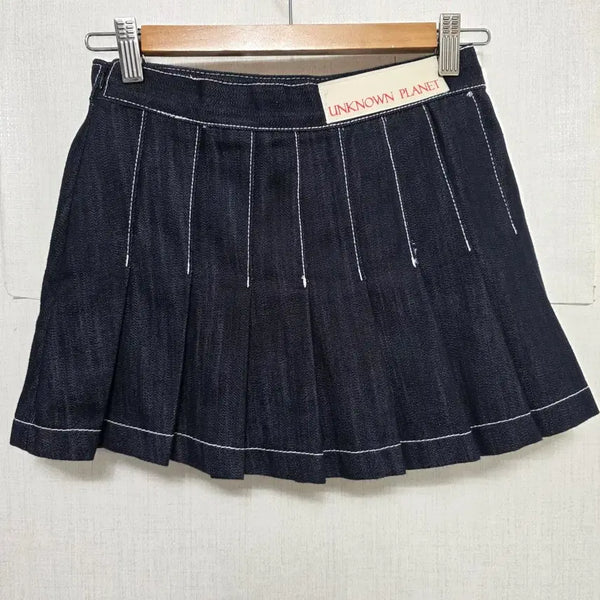 [BUNJANG] Unknown Planet Denim Pleated Mini Skirt / 언노운 플래닛 데님 플리츠 스커트