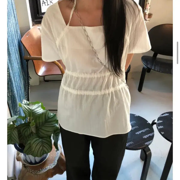 [BUNJANG] Our First Peanut Square Neck Ribbon Blouse White / 아워프 피넛 스퀘어넥 리본 블라우스 화이트