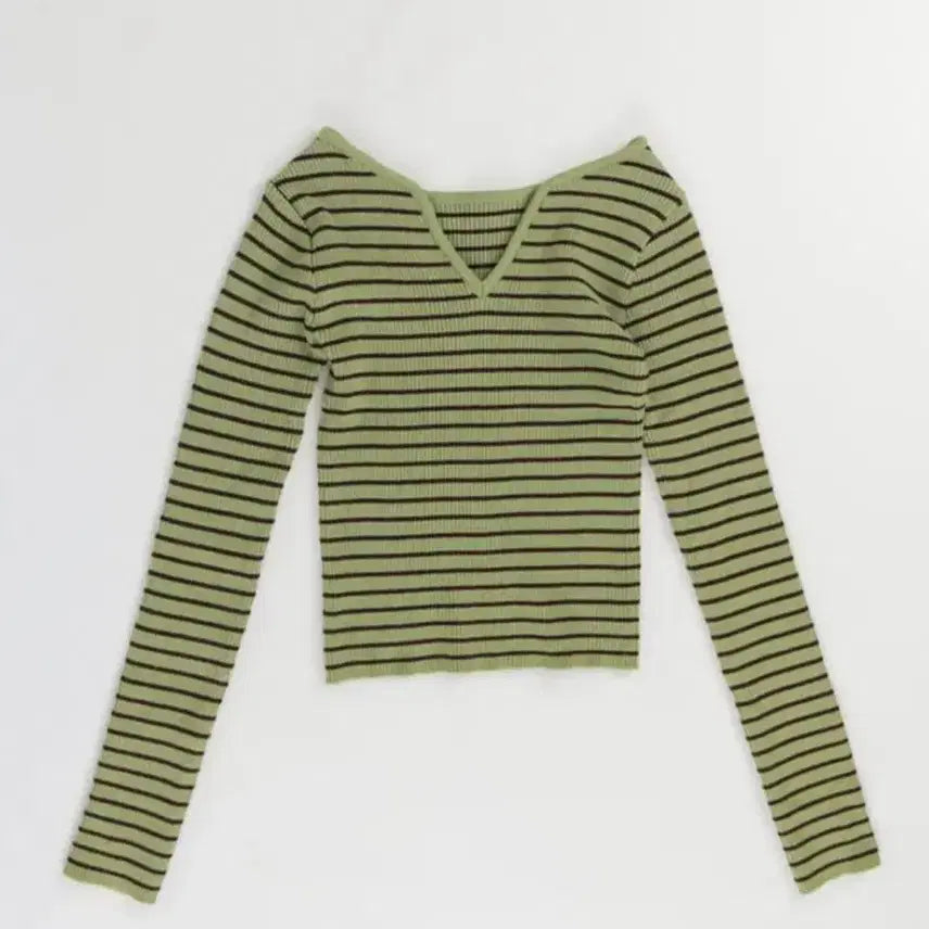 [BUNJANG] Stripe V-Neck Slim Fit Ribbed Knit - Khaki / 에이블리 단가라 니트 스트라이프 브이넥 슬림핏 골지 카키