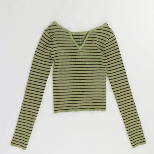 [BUNJANG] Stripe V-Neck Slim Fit Ribbed Knit - Khaki / 에이블리 단가라 니트 스트라이프 브이넥 슬림핏 골지 카키