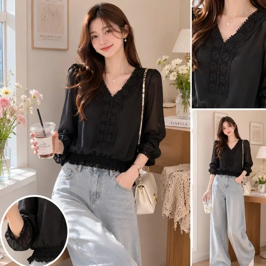 [BUNJANG] Black Lace Neck Blouse / 블랙 레이스 넥 블라우스