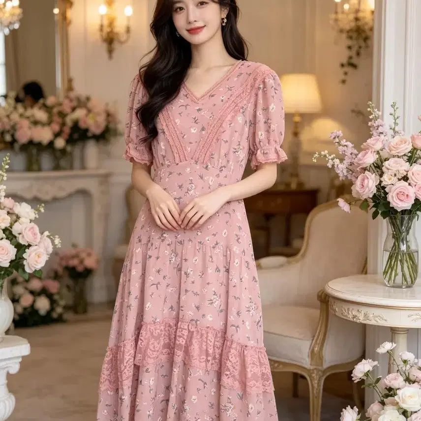 [BUNJANG] Floral Lace Ruffle Long Dress / 꽃무늬 레이스 프릴 원피스