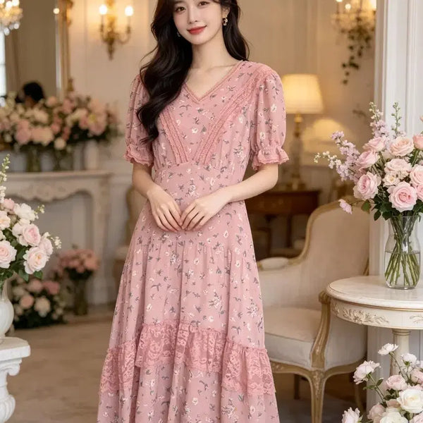 [BUNJANG] Floral Lace Ruffle Long Dress / 꽃무늬 레이스 프릴 원피스