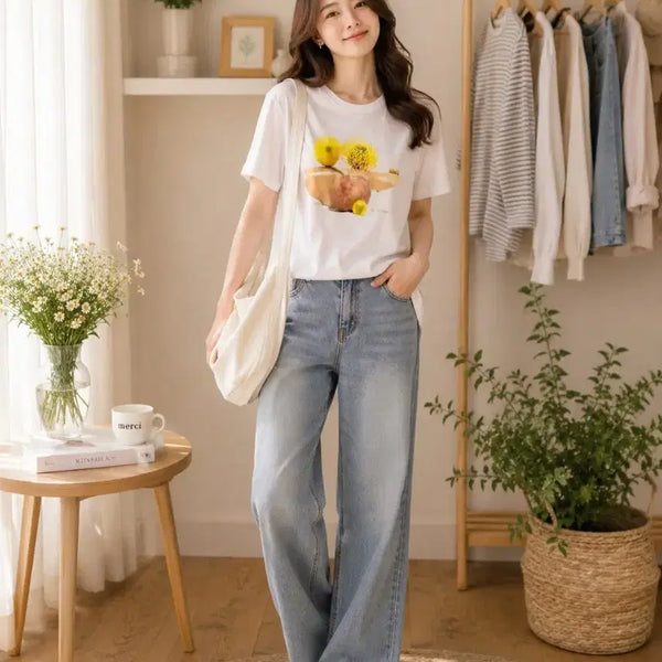 [BUNJANG] White Fruit Print Short Sleeve T-Shirt / 반팔 티셔츠