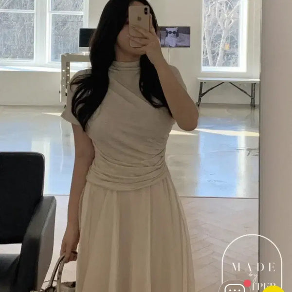 [BUNJANG] Flatper Rozer Drape Short Sleeve T-Shirt & Gwangchae Silk Chiffon Skirt Set - Beige/Vanilla Beige / 새상품 플랫퍼 로제르 드레이프 반팔 + 광채 실크 샤스커트 베이지