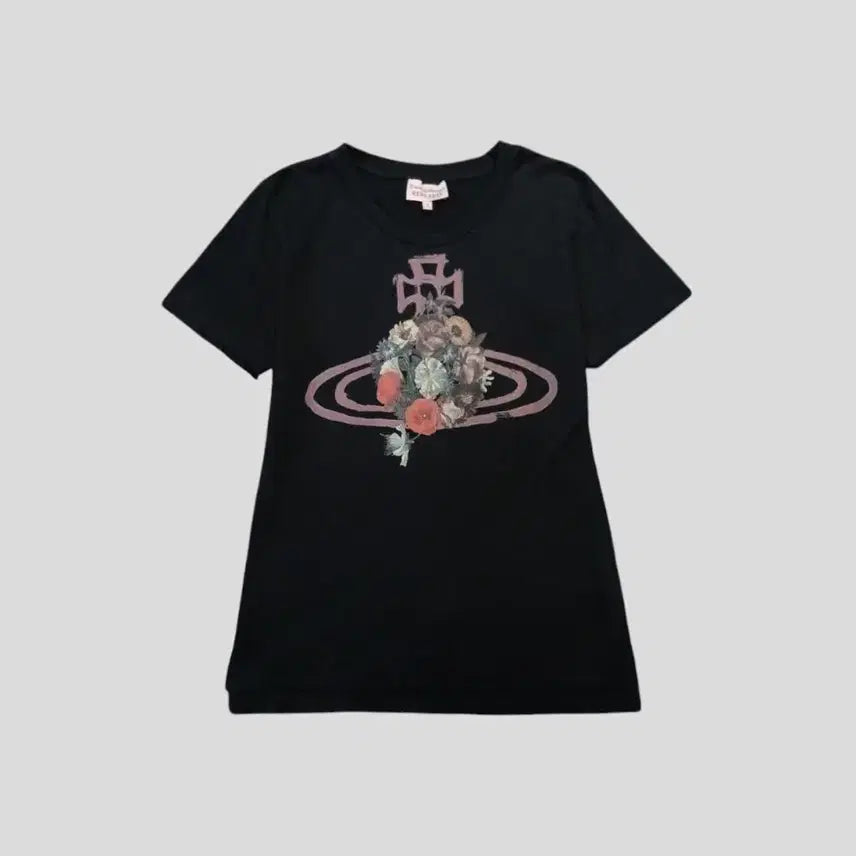 [BUNJANG] Vivienne Westwood Red Label Black Floral ORB Planet Logo Cotton Top / 비비안웨스트우드 레드라벨 JP 블랙 멀티컬러 플로랄 ORB 행성로고 코튼