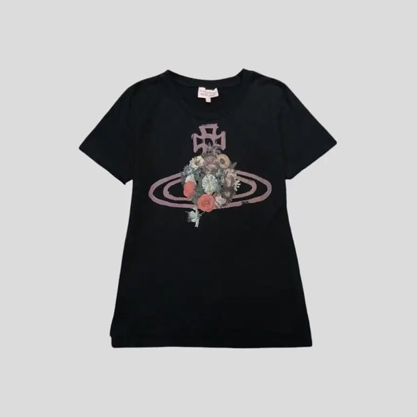[BUNJANG] Vivienne Westwood Red Label Black Floral ORB Planet Logo Cotton Top / 비비안웨스트우드 레드라벨 JP 블랙 멀티컬러 플로랄 ORB 행성로고 코튼