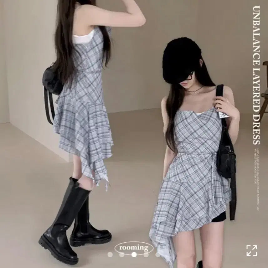[BUNJANG] Check Plaid Ruffle Layered Top Dress - Blue / 에이블리 체크 사선 프릴 레이어드 상의 원피스 블루