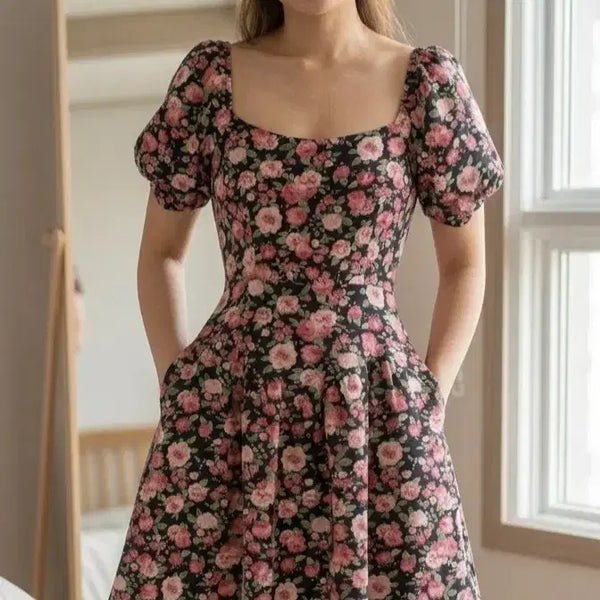 [BUNJANG] Floral Puff Sleeve Square Neck Mini Dress / 새상품)꽃무늬 스퀘어넥 퍼프 반팔 원피스