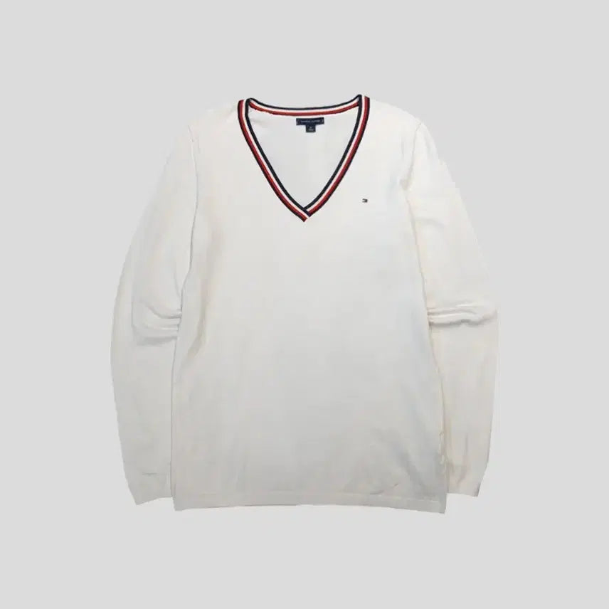 [BUNJANG] Tommy Hilfiger White Navy Red Logo Lining Cotton Blend Wide V-Neck Knit / 타미힐피거 화이트 네이비 레드 로고 라이닝 코튼블렌드 와이드 브이넥 니트