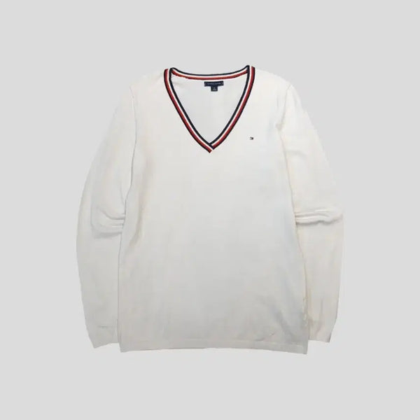 [BUNJANG] Tommy Hilfiger White Navy Red Logo Lining Cotton Blend Wide V-Neck Knit / 타미힐피거 화이트 네이비 레드 로고 라이닝 코튼블렌드 와이드 브이넥 니트