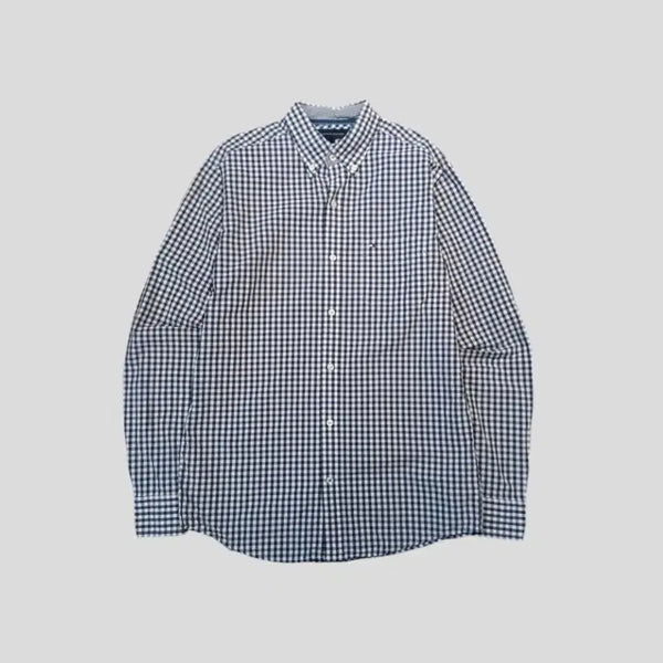 [BUNJANG] Tommy Hilfiger Gingham Check Button-Down Shirt / 타미힐피거 네이비 화이트 블랙 배색 깅엄체크 로고 빈티지핏 버튼다운 체스
