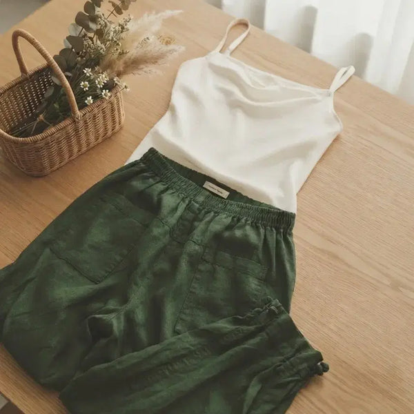 [BUNJANG] Linen Blend Summer Wide Pants (Khaki/Green) / 린넨 혼방 여름 와이드 팬츠 (카키/그린) - 편안하고 시원해요