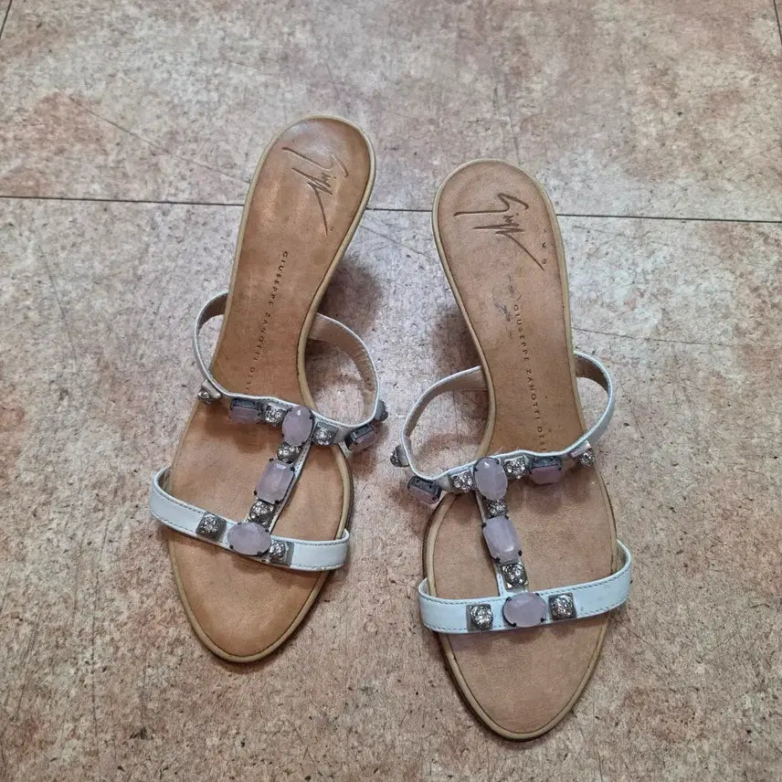 [BUNJANG] Giuseppe Zanotti Women's White Bejeweled Strap Heeled Sandals / 쥬세페자노티 여성 샌들 흰색 보석 장식 힐