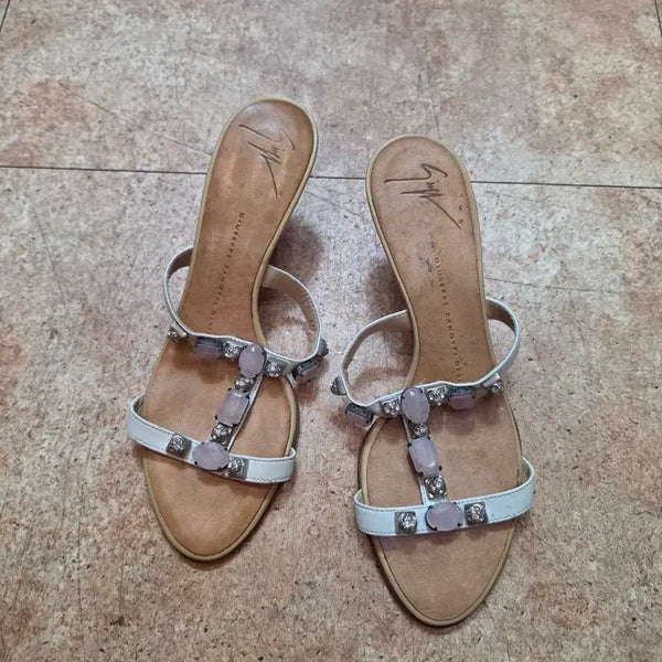 [BUNJANG] Giuseppe Zanotti Women's White Bejeweled Strap Heeled Sandals / 쥬세페자노티 여성 샌들 흰색 보석 장식 힐