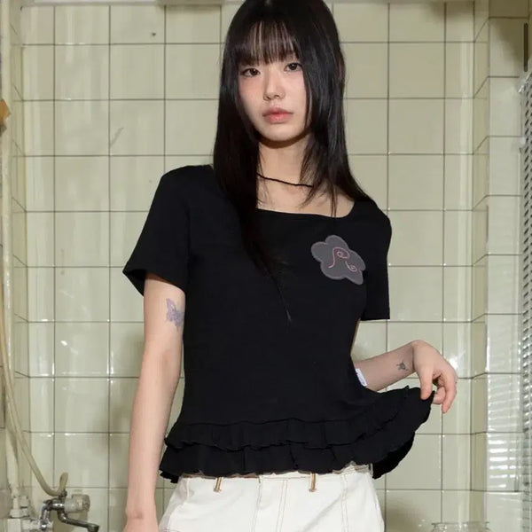 [BUNJANG] Luna Kifu Frill Layered Square Neck Short Sleeve Blouse / 루나키후 프릴 레이어드 스퀘어넥 숏슬리브