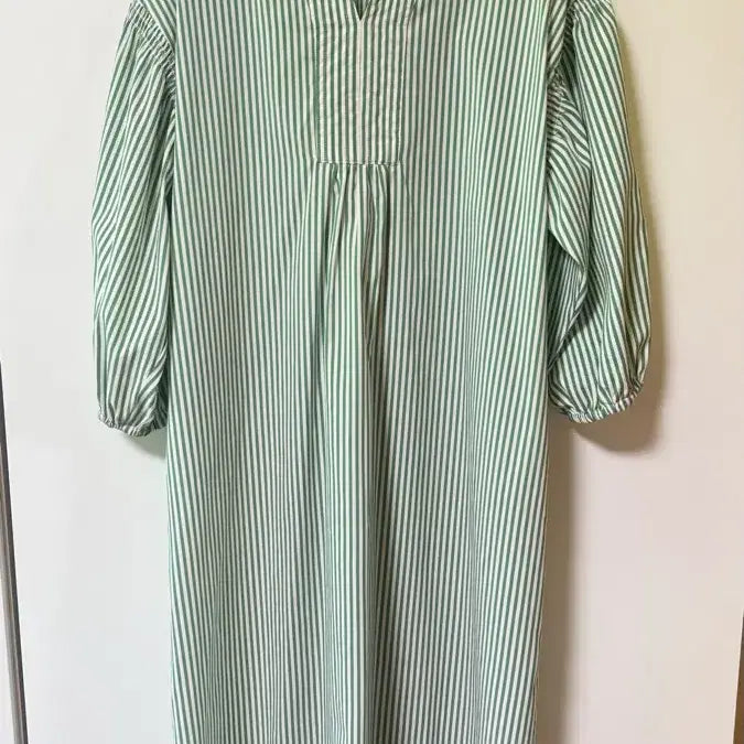 [BUNJANG] Green Stripe Puff Sleeve Long Shirt Dress / 그린 스트라이프 퍼프소매 롱 셔츠 원피스