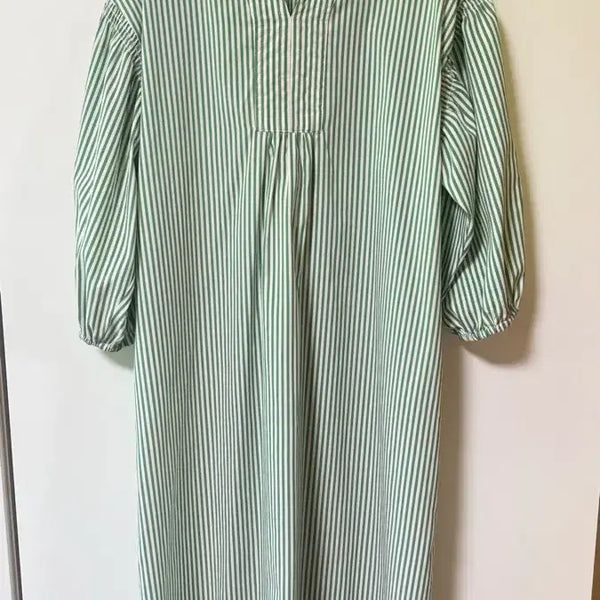 [BUNJANG] Green Stripe Puff Sleeve Long Shirt Dress / 그린 스트라이프 퍼프소매 롱 셔츠 원피스