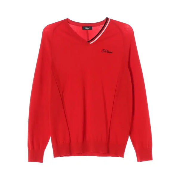 [BUNJANG] Titleist V-Neck Colorblock Line Logo Embroidered Golf Knit Red / 타이틀리스트 브이넥 배색 라인 로고 자수 골프 니트 레드