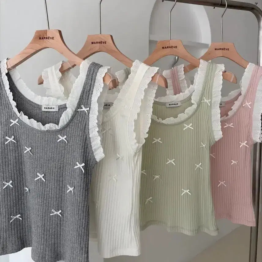 [BUNJANG] Ribbed Lace Sleeveless Top / 리본 나시 여리핏 레이스 민소매 골지 나시 핑크 민트