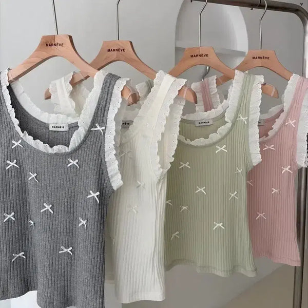 [BUNJANG] Ribbed Lace Sleeveless Top / 리본 나시 여리핏 레이스 민소매 골지 나시 핑크 민트