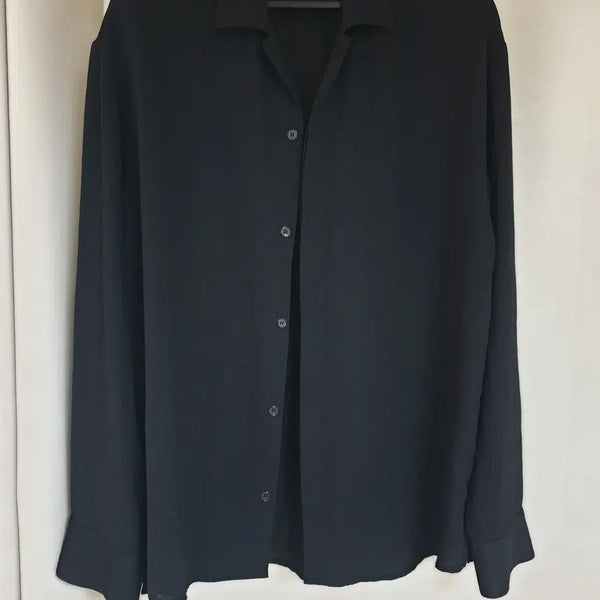 [BUNJANG] Drawfit Linen Hidden Open Collar Shirt Black / [M(루즈핏 100 정도)] 드로우핏 린넨 히든 오픈카라 셔츠 블랙