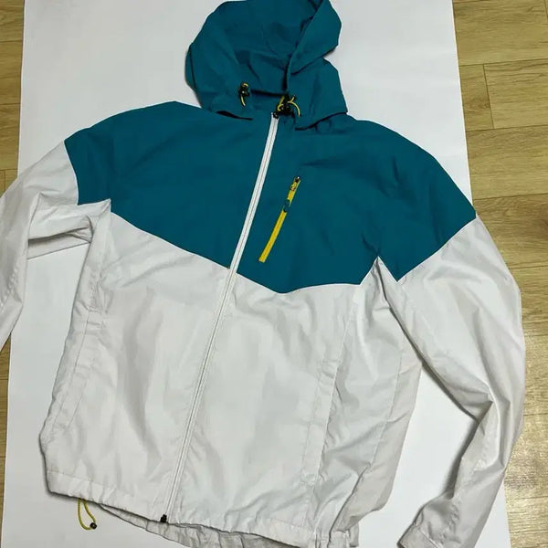 [BUNJANG] Windbreaker Zip-Up Hoodie Jacket - Teal Blue & White / 바람막이 집업 후드 자켓 틸블루 화이트