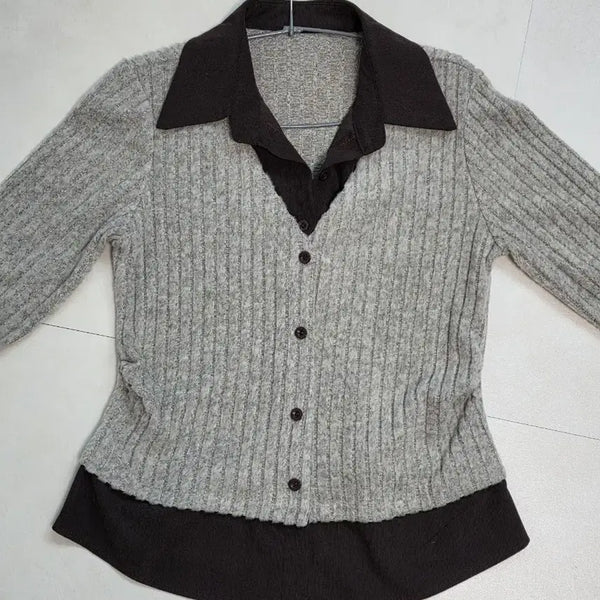 [BUNJANG] Brown V-Neck Shirt Knit / 밤색 브이넥 셔츠니트